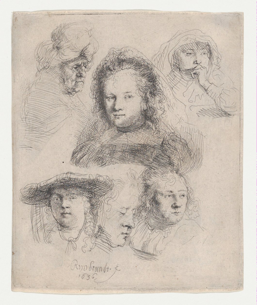 Tanulmányok Saskia és mások fejeiről, 1636., 1636. alkotó: Rembrandt van Rijn