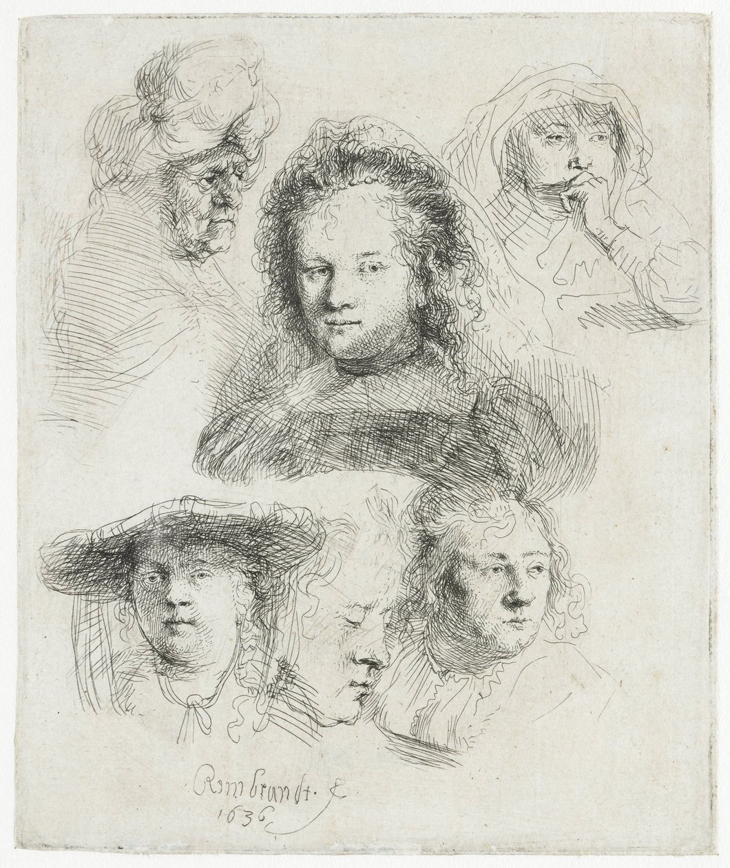 A Saskia vezetőjének és másoknak a tanulmányai alkotó: Rembrandt van Rijn