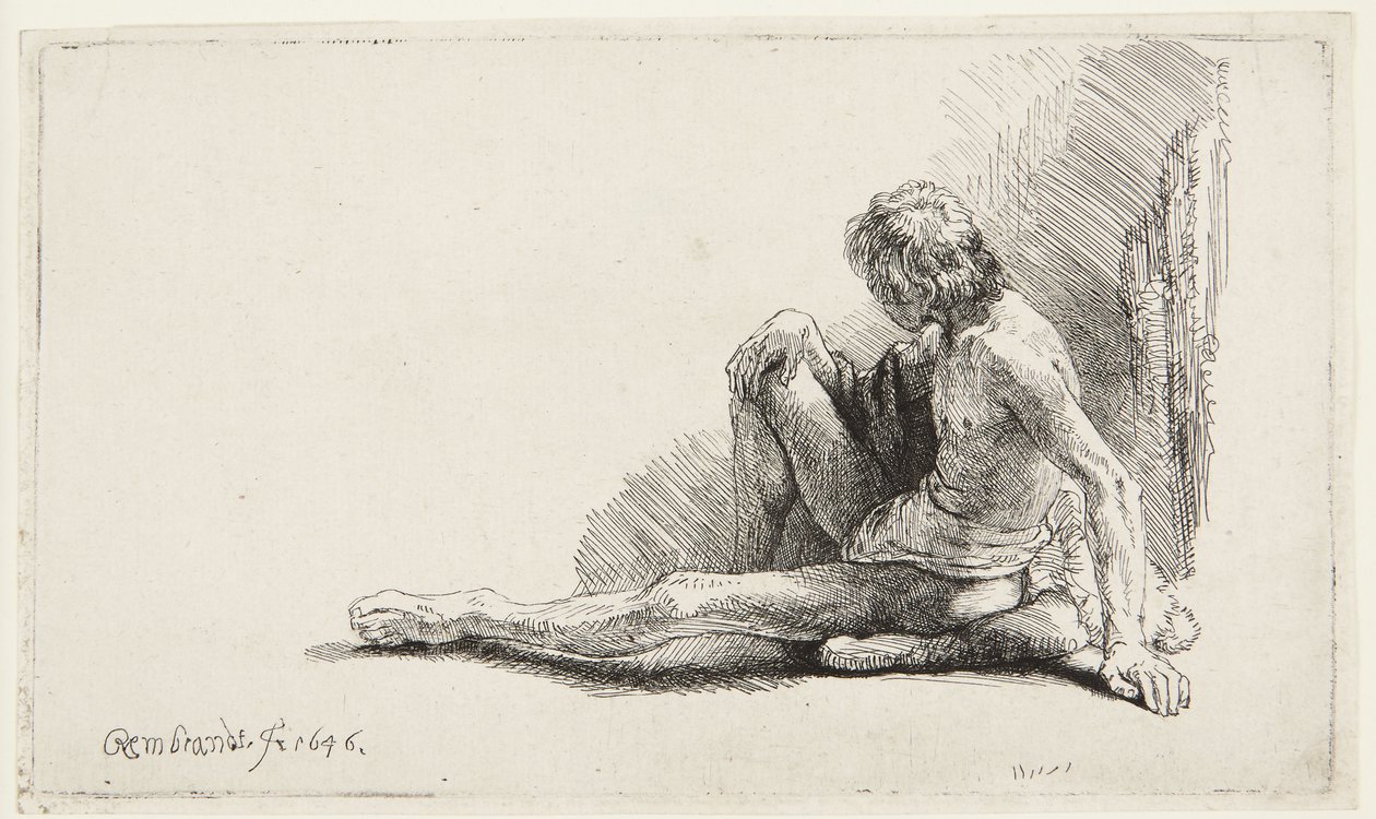 Aktrajz (A földön ülő férfi) (Bartsch 196, a két változat közül a második; H. 221; Muntz 137 II) alkotó: Rembrandt van Rijn