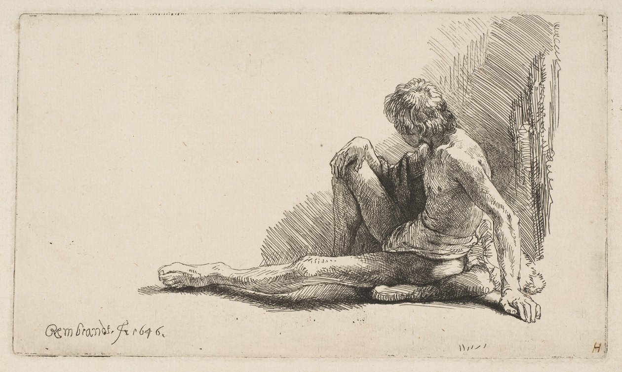 Tanulmány az aktból: Földön ülő ember, kinyújtott lábbal, 1646. alkotó: Rembrandt van Rijn