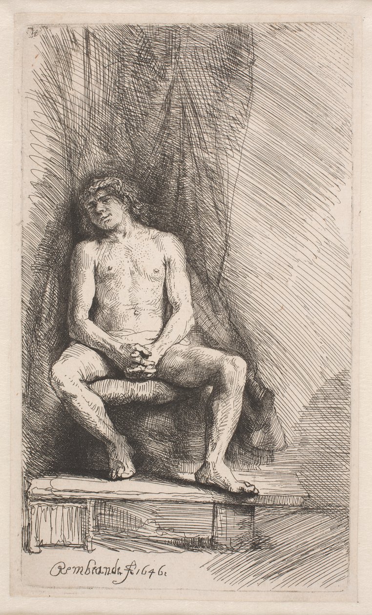 Aktrajz: függöny előtt ülő férfi alkotó: Rembrandt van Rijn