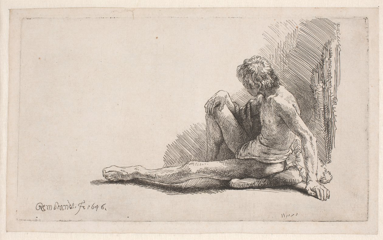 Aktrajz: a földön ülő férfi, egyik lábát kinyújtva alkotó: Rembrandt van Rijn