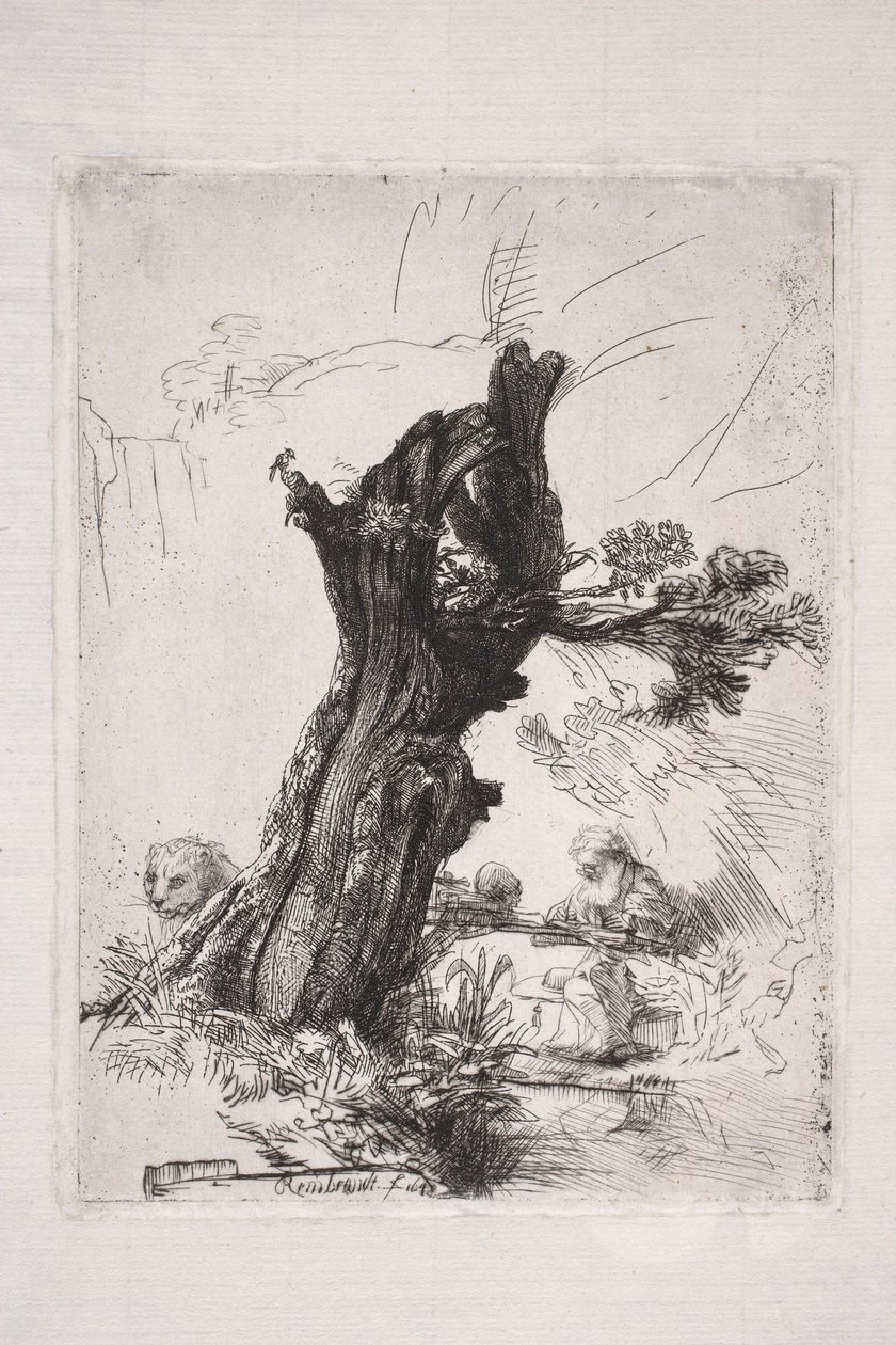 Szent Jeromos, aki egy fűzfa tövében ír alkotó: Rembrandt van Rijn