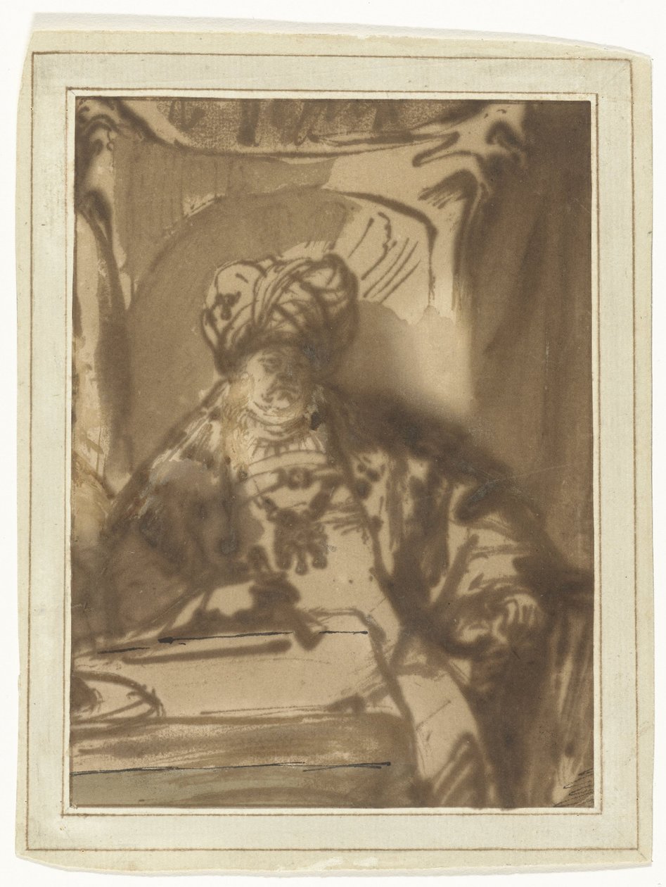 Willem Bartholsz Ruyter színész Ahasuerus királyként trónján alkotó: Rembrandt van Rijn