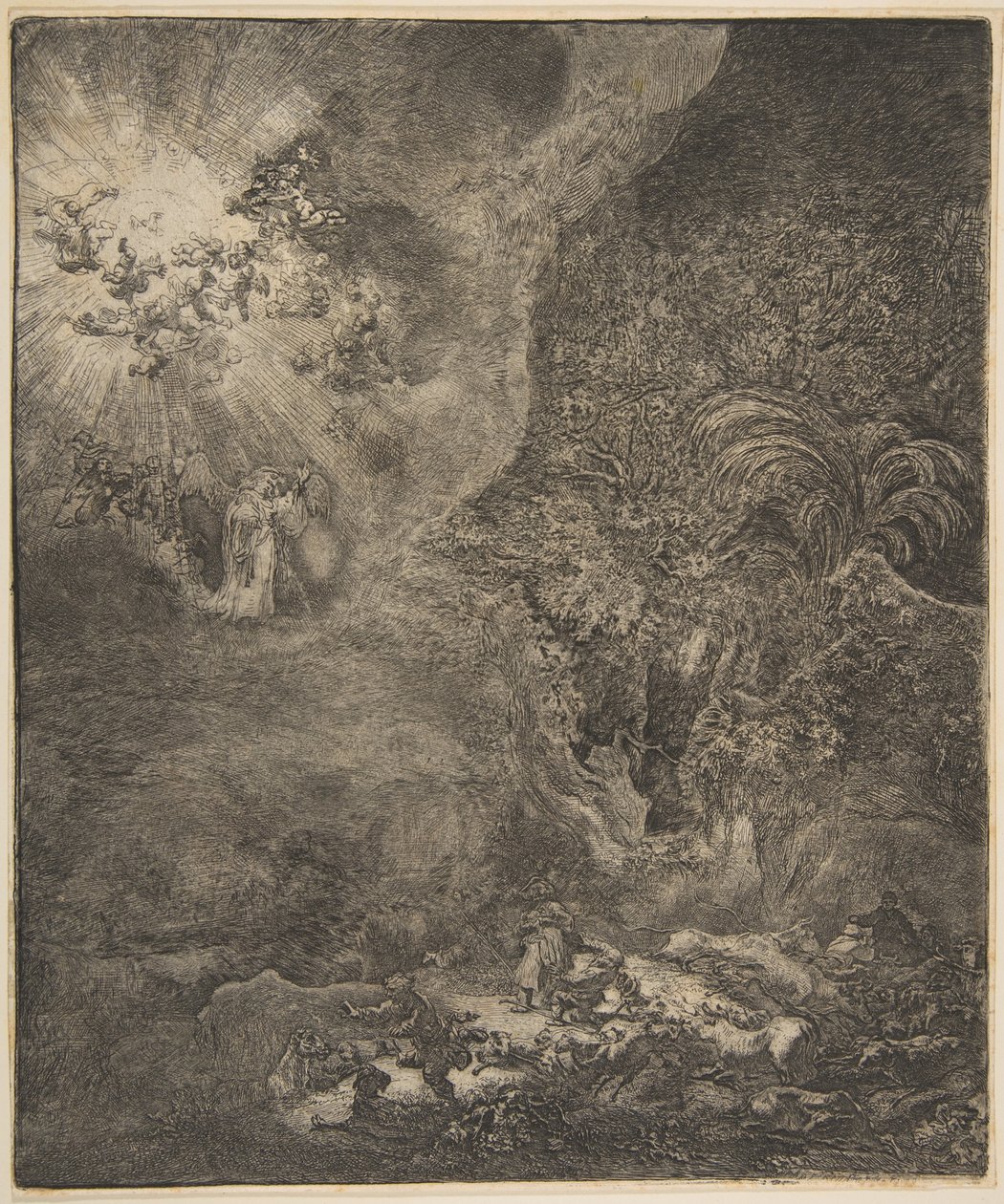A pásztoroknak megjelenő angyal. alkotó: Rembrandt van Rijn