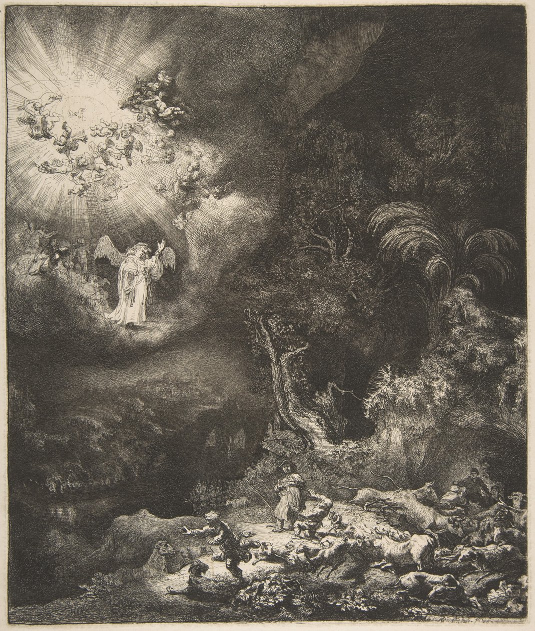 A pásztoroknak megjelenő angyal, 1634. alkotó: Rembrandt van Rijn