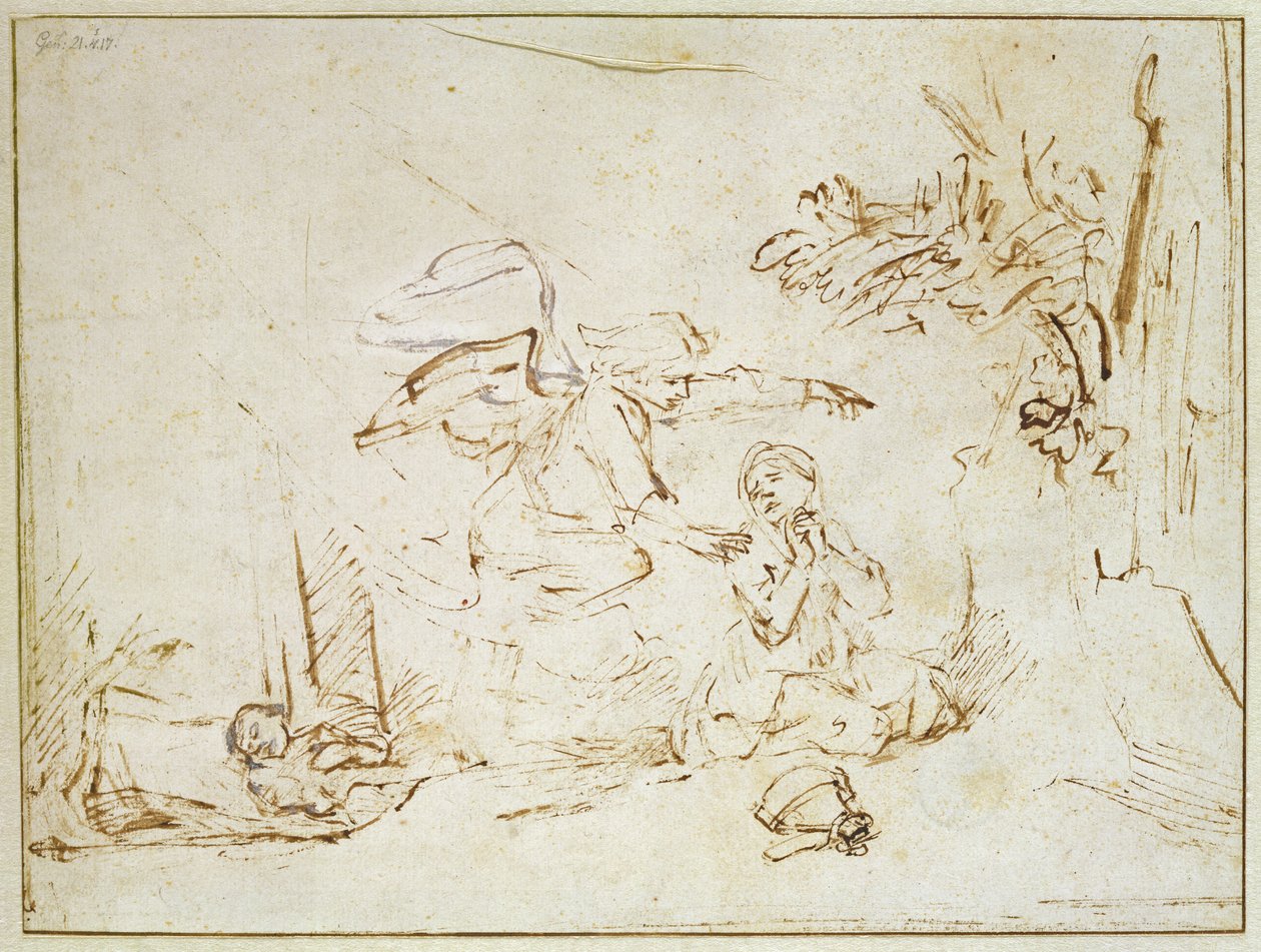 Az angyal megjelenik Hágárnak és Izmaelnek a vadonban (toll és barna tinta testszínnel a papíron) alkotó: Rembrandt van Rijn
