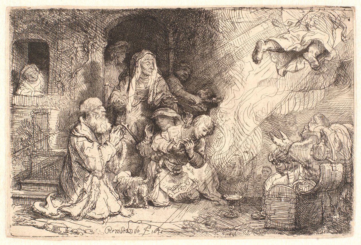 Az angyal távozik Tobit családjából alkotó: Rembrandt van Rijn