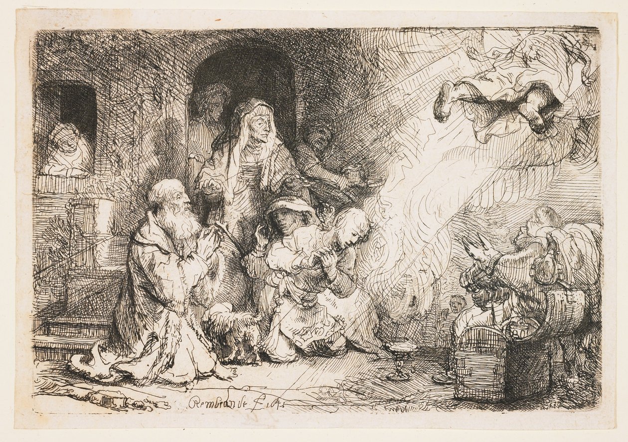 Tóbiás családjából távozó angyal alkotó: Rembrandt van Rijn