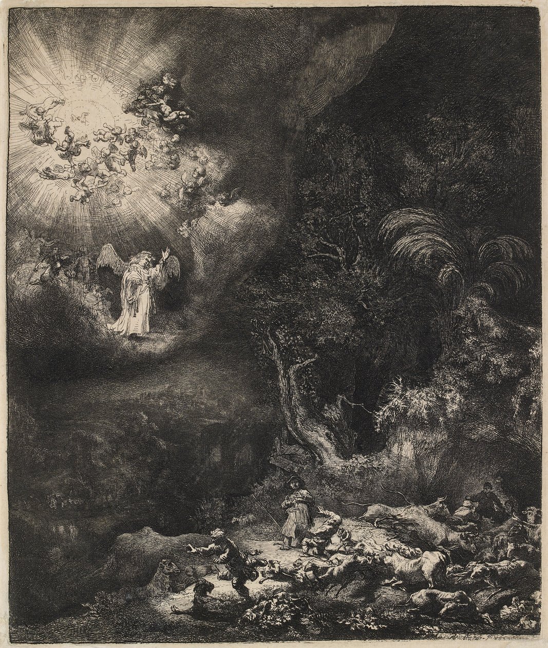 Az angyal megjelenése a pásztoroknak, 1634. alkotó: Rembrandt van Rijn