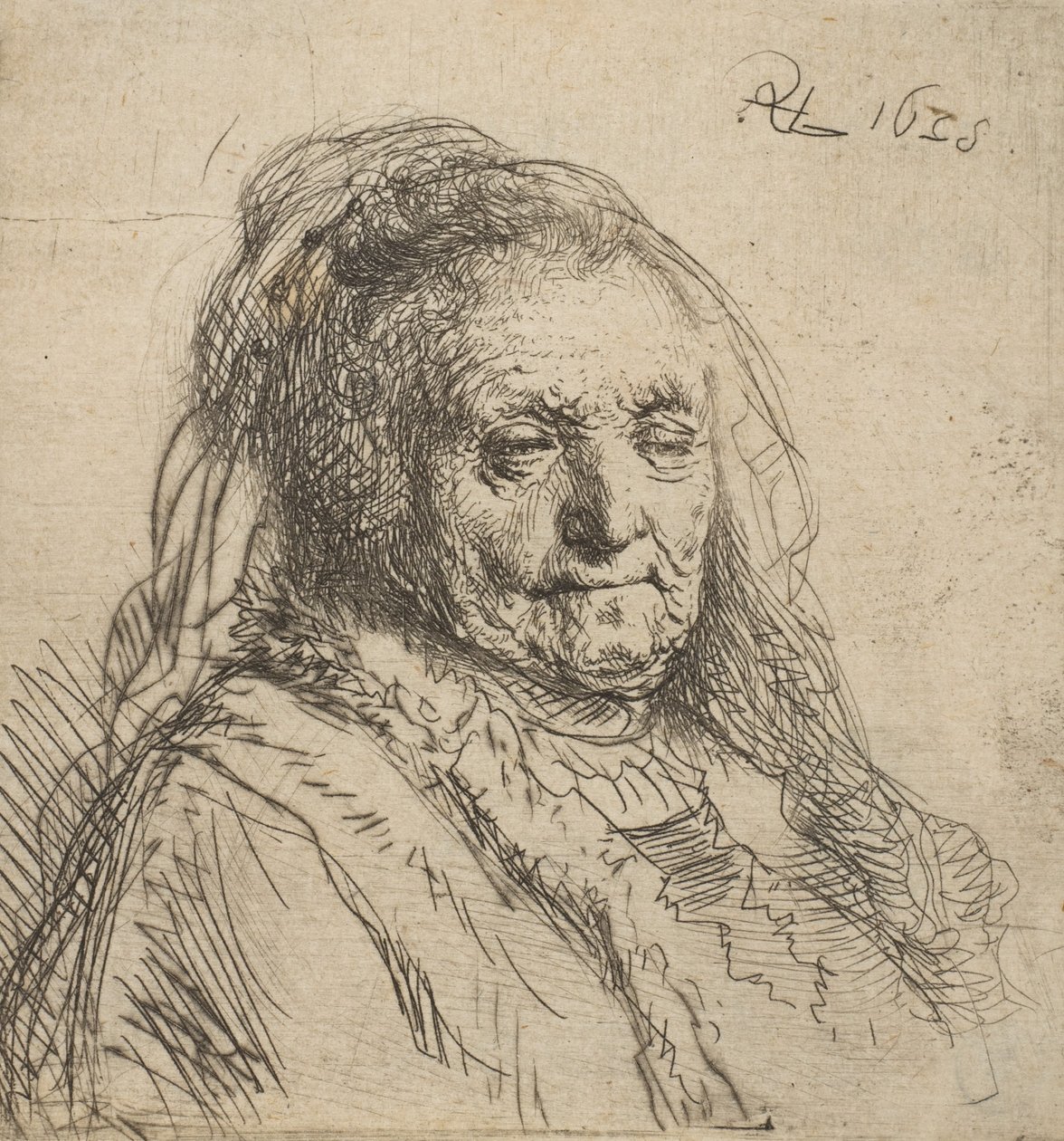 A művész anyja: fej és mell, háromnegyed jobbra, 1628., 1628. alkotó: Rembrandt van Rijn