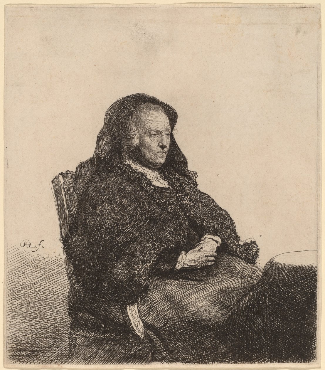 A művész anyja egy asztalnál ül, és jól néz alkotó: Rembrandt van Rijn