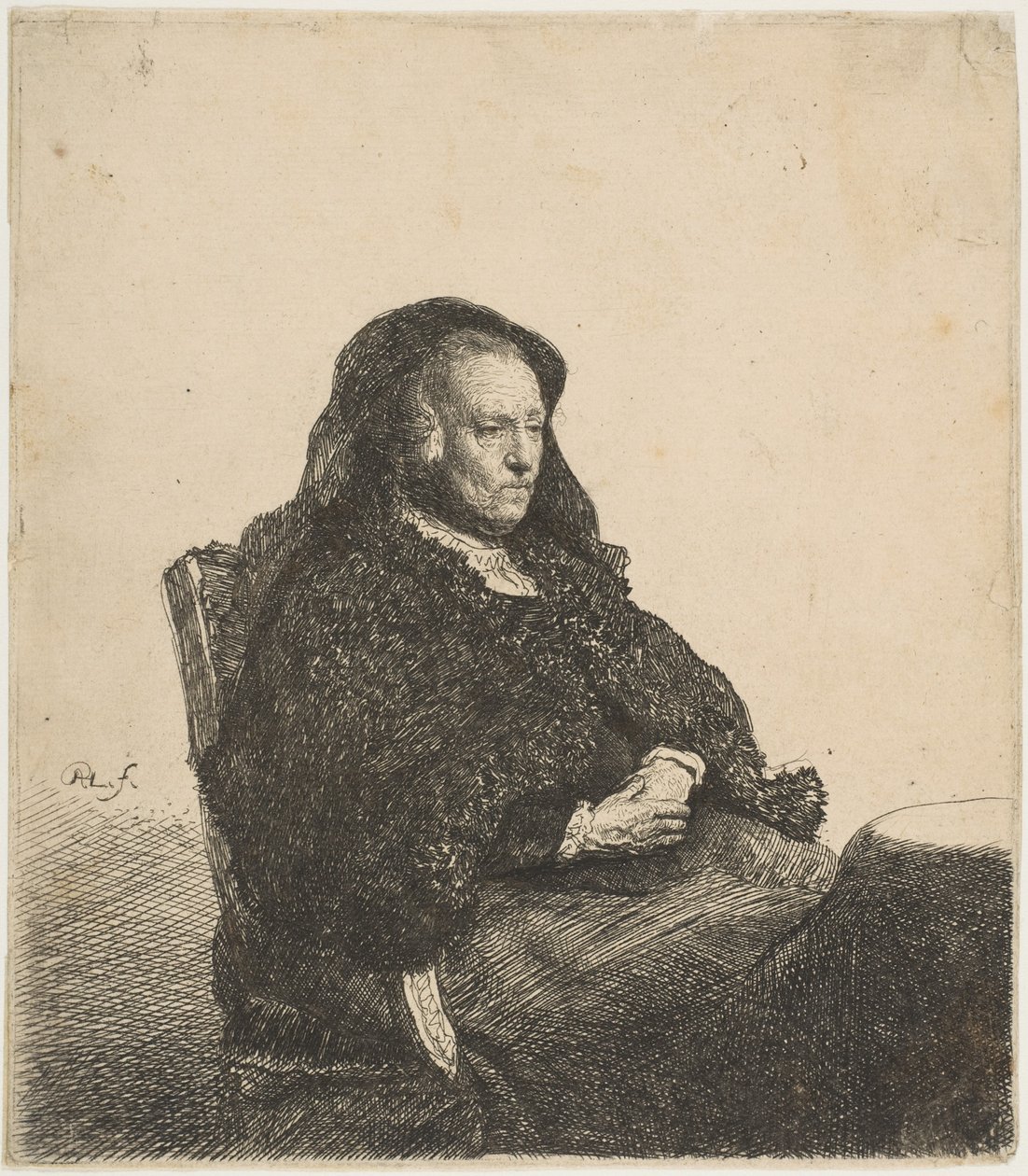A művészek anyja egy asztalnál ülve jobbra nézve: háromnegyed hosszúság, kb. 1631. alkotó: Rembrandt van Rijn