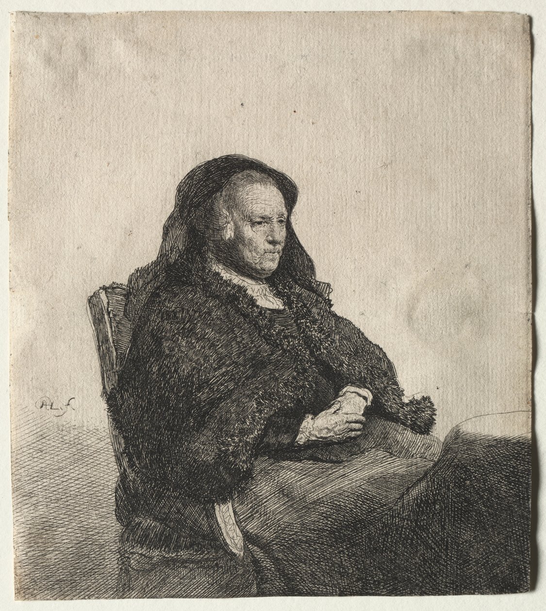 A művész anyja egy asztalnál ül, jobbra nézve: háromnegyed hosszú alkotó: Rembrandt van Rijn