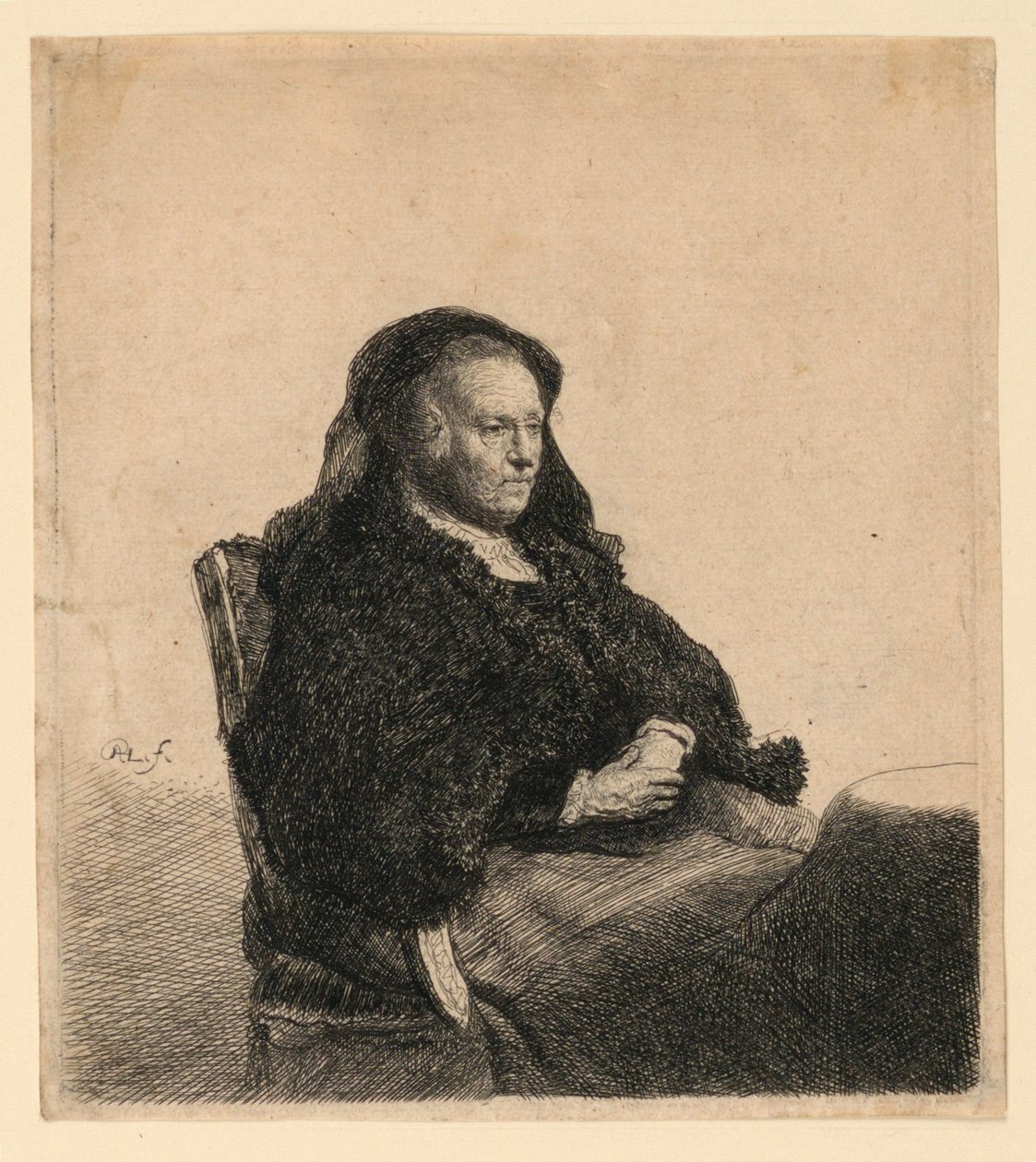A művész anyja egy asztalnál ül, jobbra nézve: háromnegyed hosszú alkotó: Rembrandt van Rijn