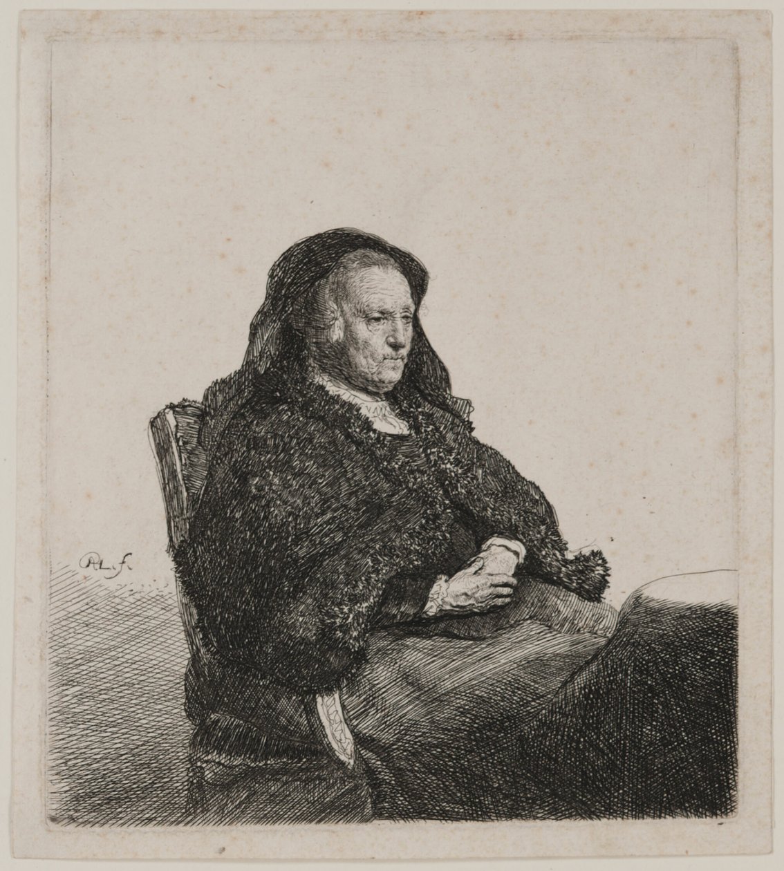 A művész anyja egy asztalnál ülve, jobbra tekintve: Háromnegyedes hossz alkotó: Rembrandt van Rijn