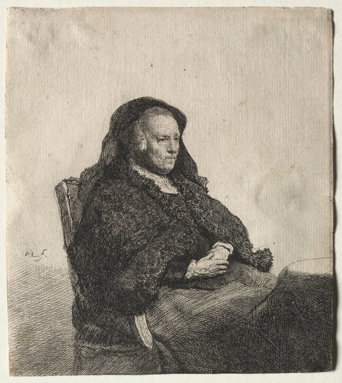 A művészek anyja asztalnál ülve, jobbra nézve: Háromnegyed hossz, c. 1631. alkotó: Rembrandt van Rijn