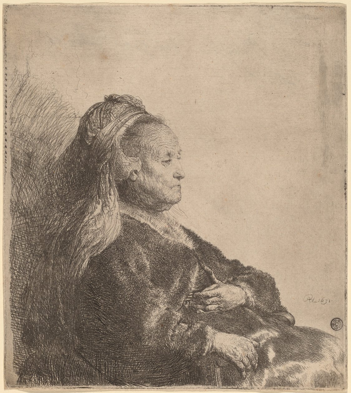 A művész anyja ülve, keleti fejdíszben alkotó: Rembrandt van Rijn