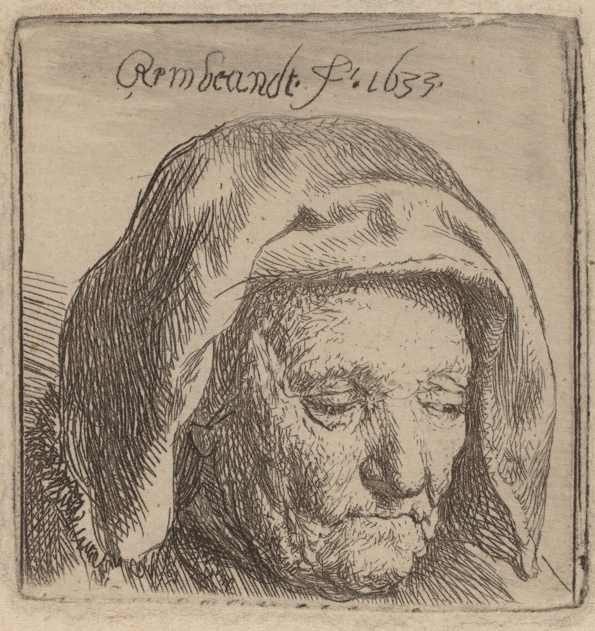 A művész anyja vászon fejdísszel, lenéz, 1633. alkotó: Rembrandt van Rijn