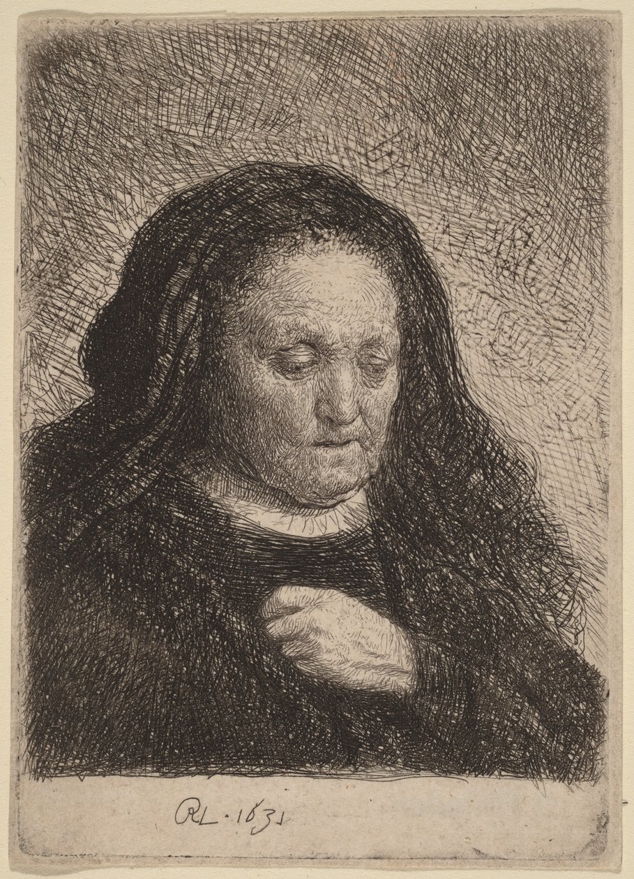 A művész édesanyja, kezét a mellkasára téve alkotó: Rembrandt van Rijn