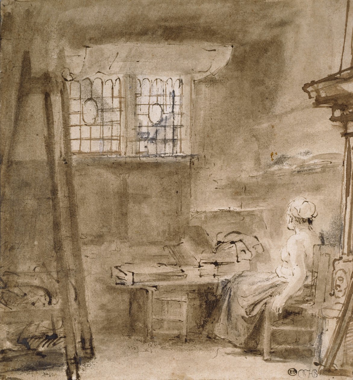 A Művész Stúdiója, 1659 (toll és két árnyalatú barna tinta, szürkésbarna mosás, néhány fehér javítás) alkotó: Rembrandt van Rijn