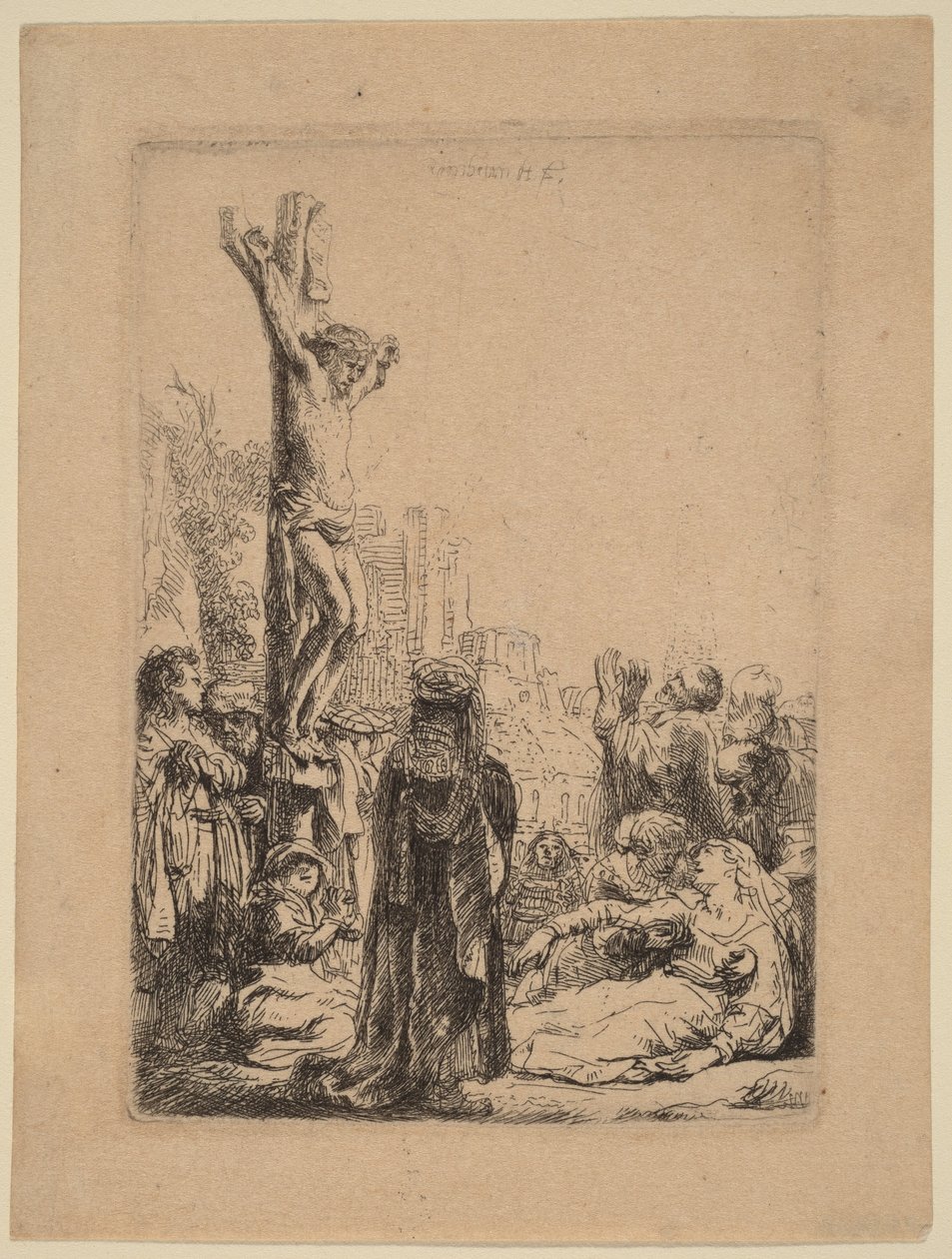 A keresztre feszítés: kis tányér alkotó: Rembrandt van Rijn
