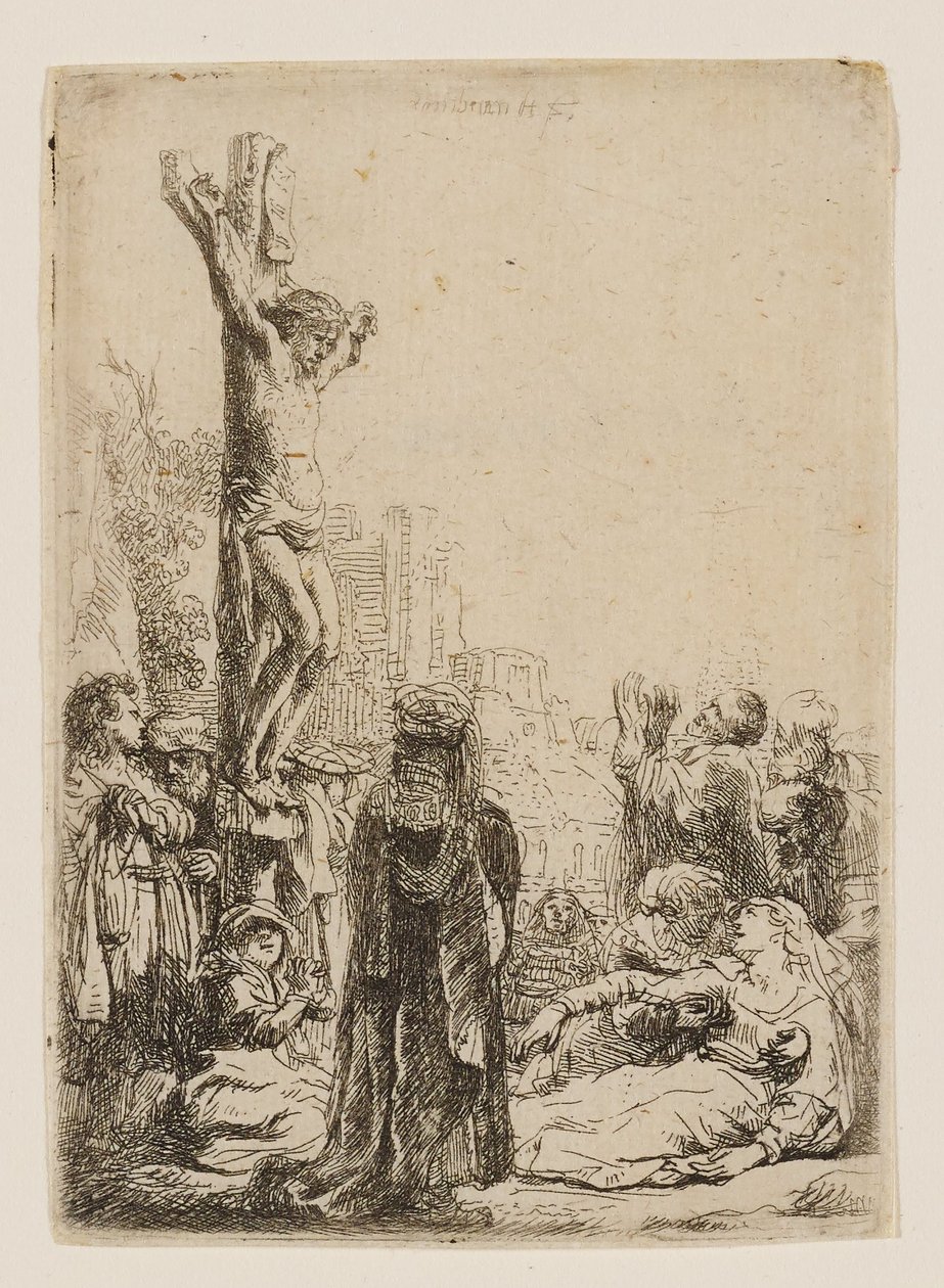 A keresztre feszítés: kis tányér alkotó: Rembrandt van Rijn