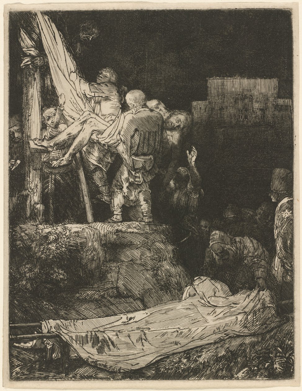A keresztről való leszállás fáklyafénynél alkotó: Rembrandt van Rijn