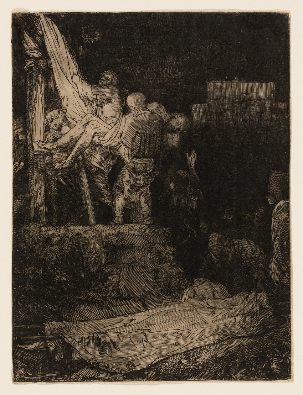 A keresztről való leszállás fáklyafénynél alkotó: Rembrandt van Rijn