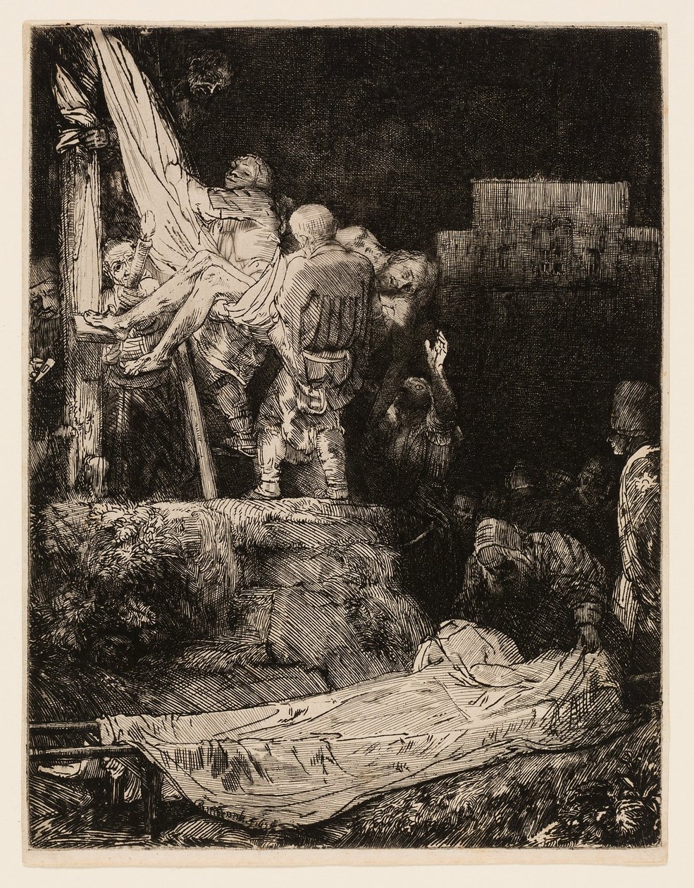 A keresztről való leszállás fáklyafénynél alkotó: Rembrandt van Rijn