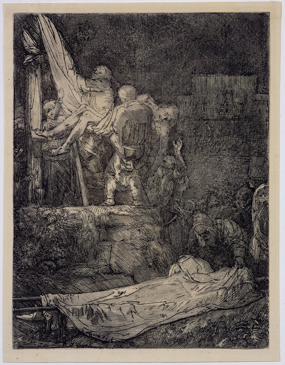 A keresztről való leszállás fáklyafénynél alkotó: Rembrandt van Rijn