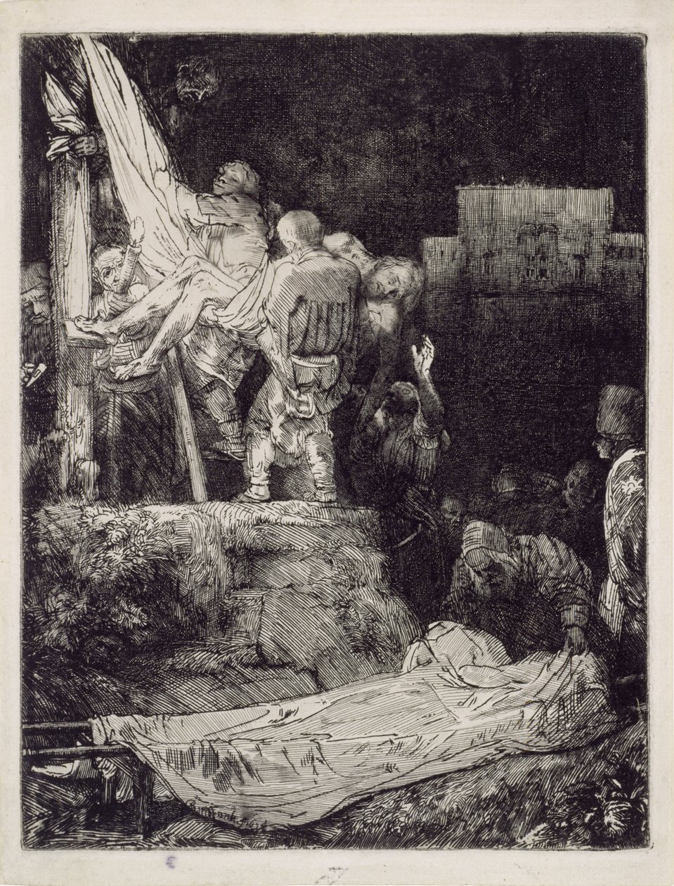 A keresztről való levétel fáklyafényben alkotó: Rembrandt van Rijn