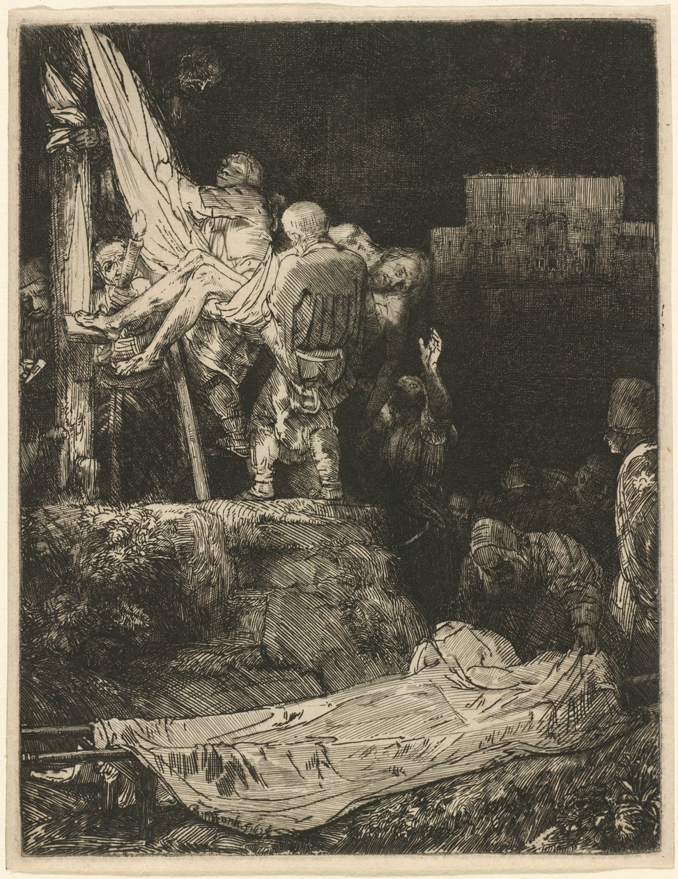 A keresztről való levétel fáklyafényben alkotó: Rembrandt van Rijn