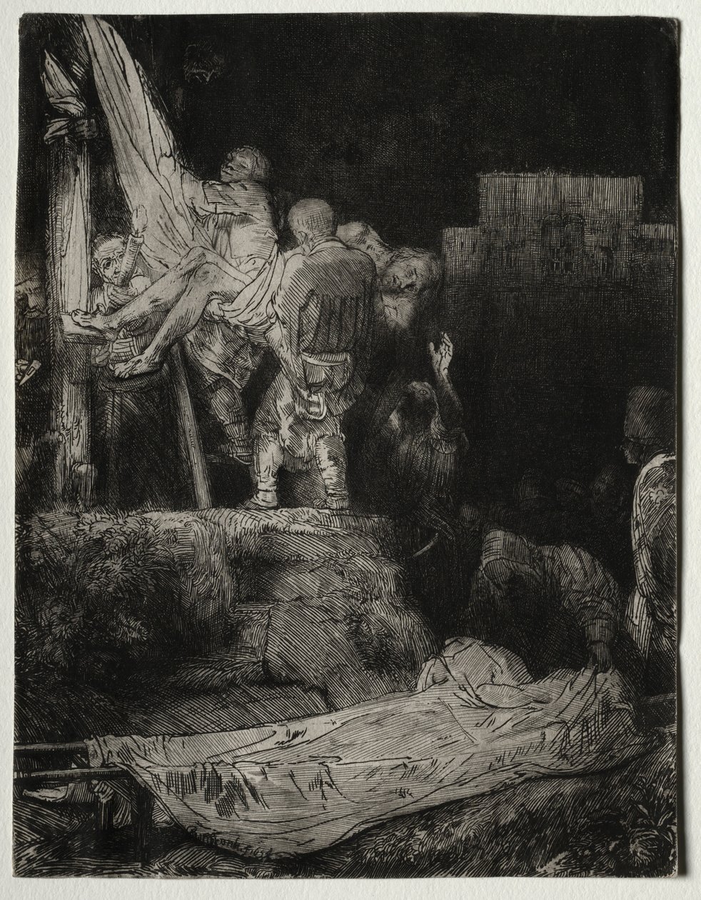 Leszállás a keresztről fáklyafénynél, 1654. alkotó: Rembrandt van Rijn