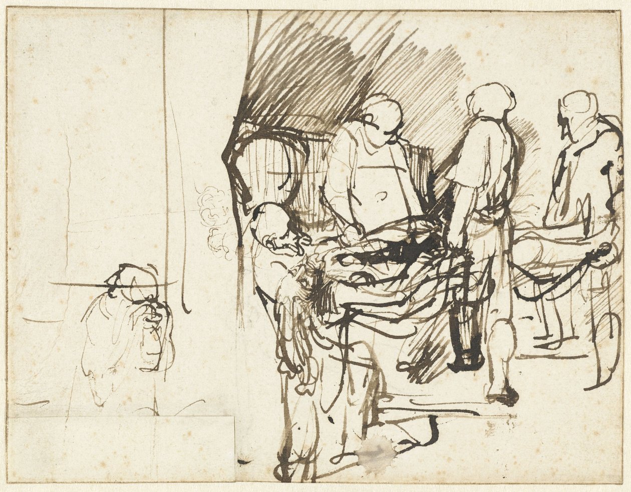 A temetés, egy hóhér vázlata felett alkotó: Rembrandt van Rijn