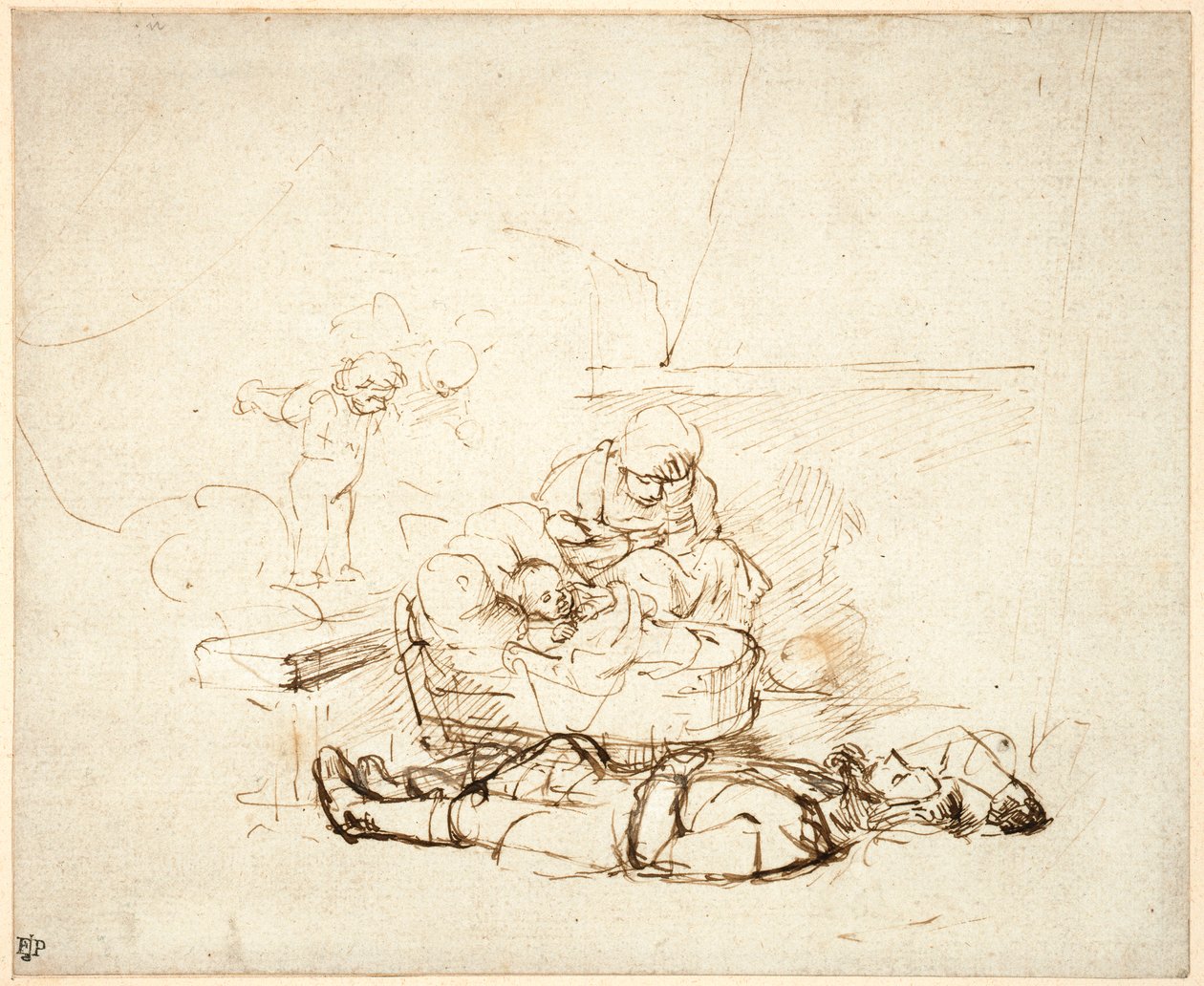 Alvó Szent Család, angyalokkal, 1645 (toll és tinta, gouache papíron) alkotó: Rembrandt van Rijn
