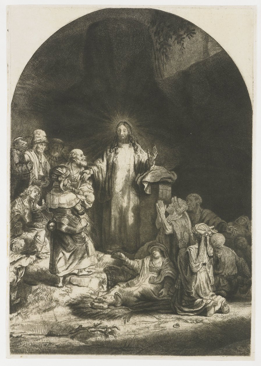 A száz guldenes nyomat: a központi darab Krisztus prédikálásával, a lemez íves alkotó: Rembrandt van Rijn