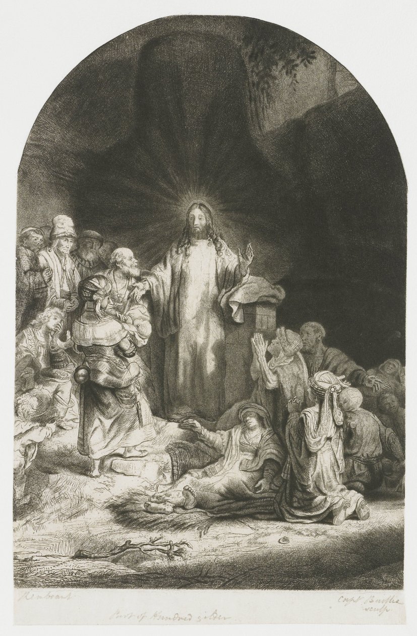 A „Száz guldenes metszet”: a középső rész, amelyen Krisztus prédikál, a lemez íves alkotó: Rembrandt van Rijn
