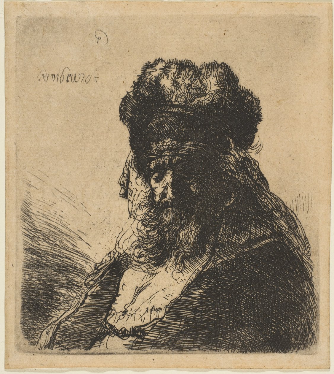 Az öreg szakállas férfi magas szőrsapkában, csukott szemmel, kb. 1635. alkotó: Rembrandt van Rijn