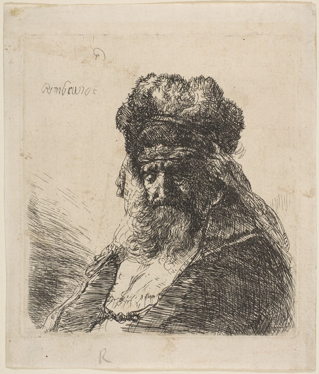 Az öreg szakállas férfi magas szőrsapkában, csukott szemmel, kb. 1635. alkotó: Rembrandt van Rijn