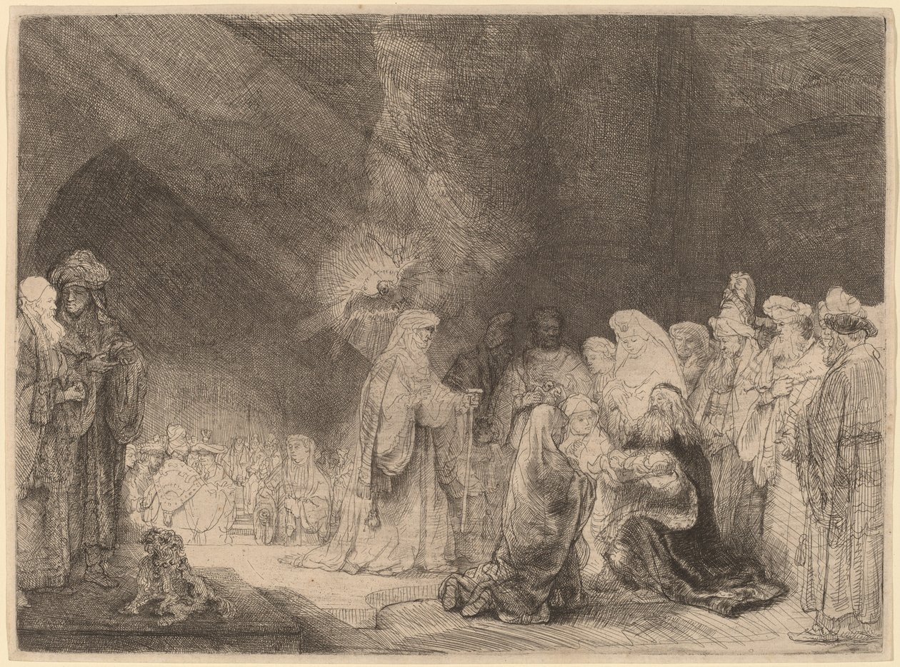 A bemutató a templomban: Hosszúkás nyomtatás alkotó: Rembrandt van Rijn