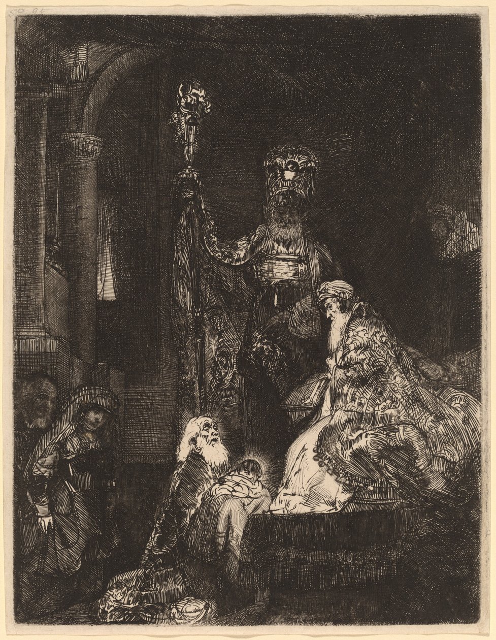 A bemutató a templomban sötét módon alkotó: Rembrandt van Rijn