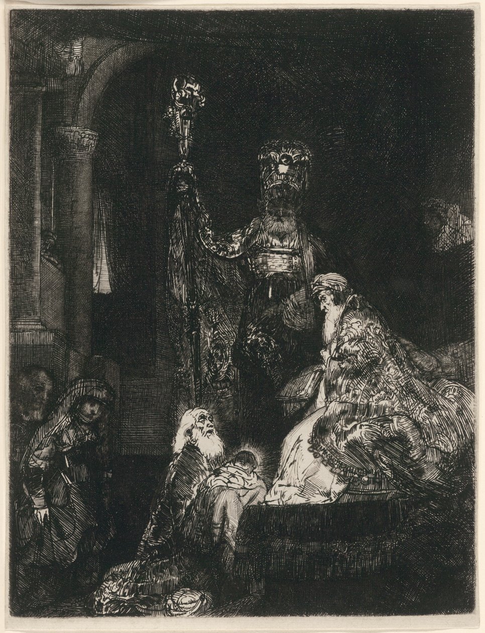 A bemutató a templomban sötét módon alkotó: Rembrandt van Rijn