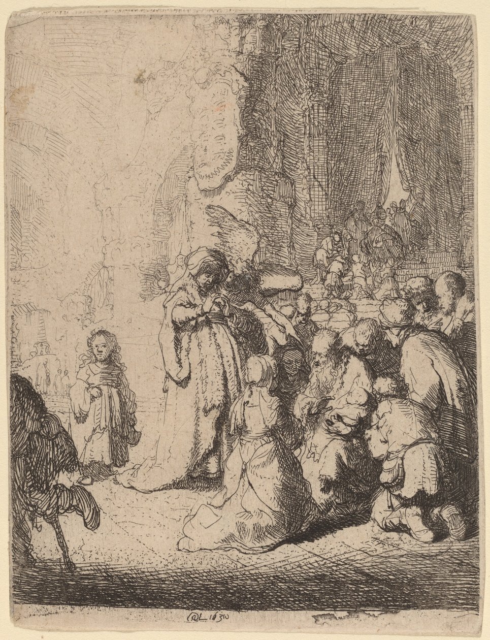 A bemutató a templomban az angyallal: Kistányér alkotó: Rembrandt van Rijn