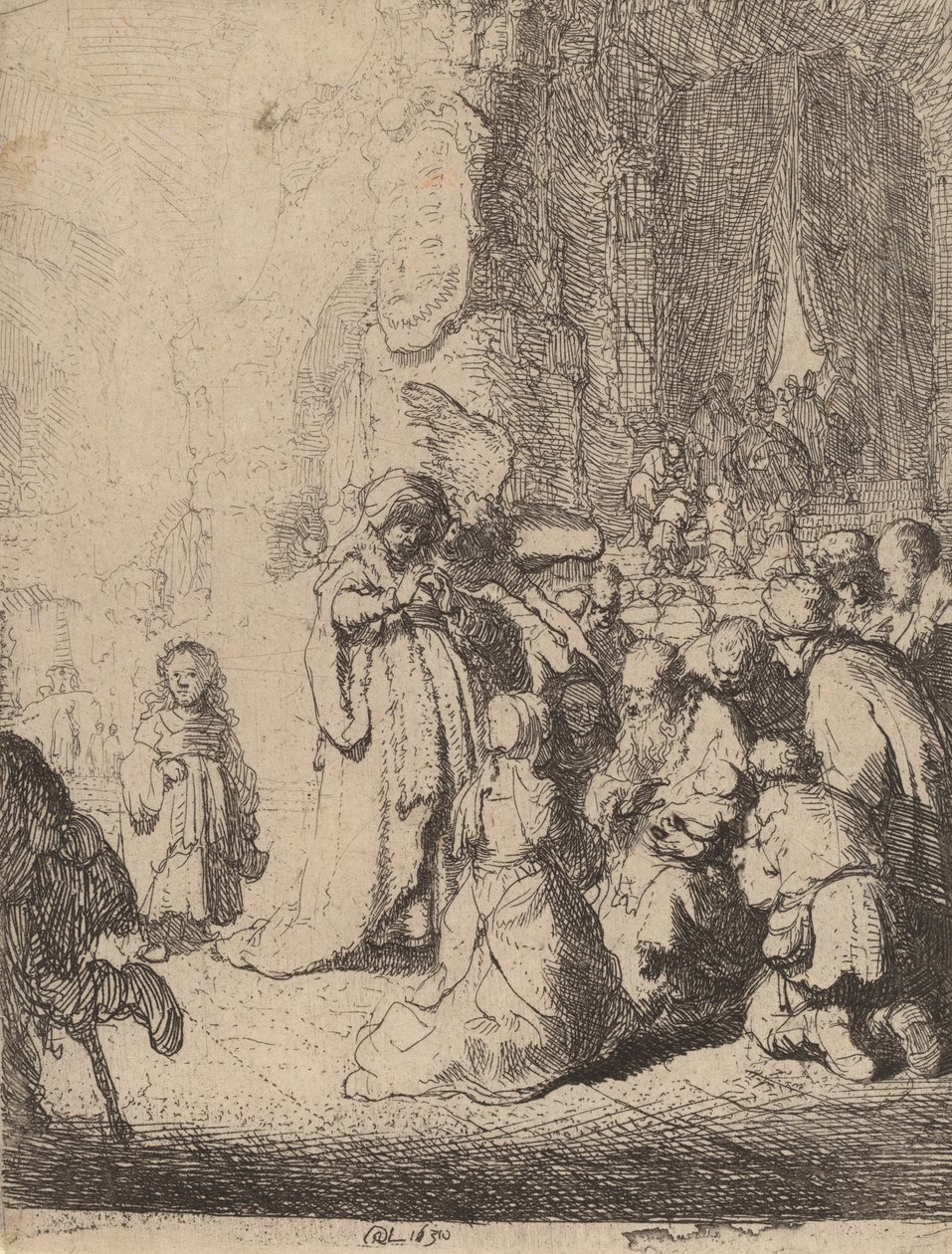 A bemutató a templomban az angyallal: Kistányér, 1630. alkotó: Rembrandt van Rijn