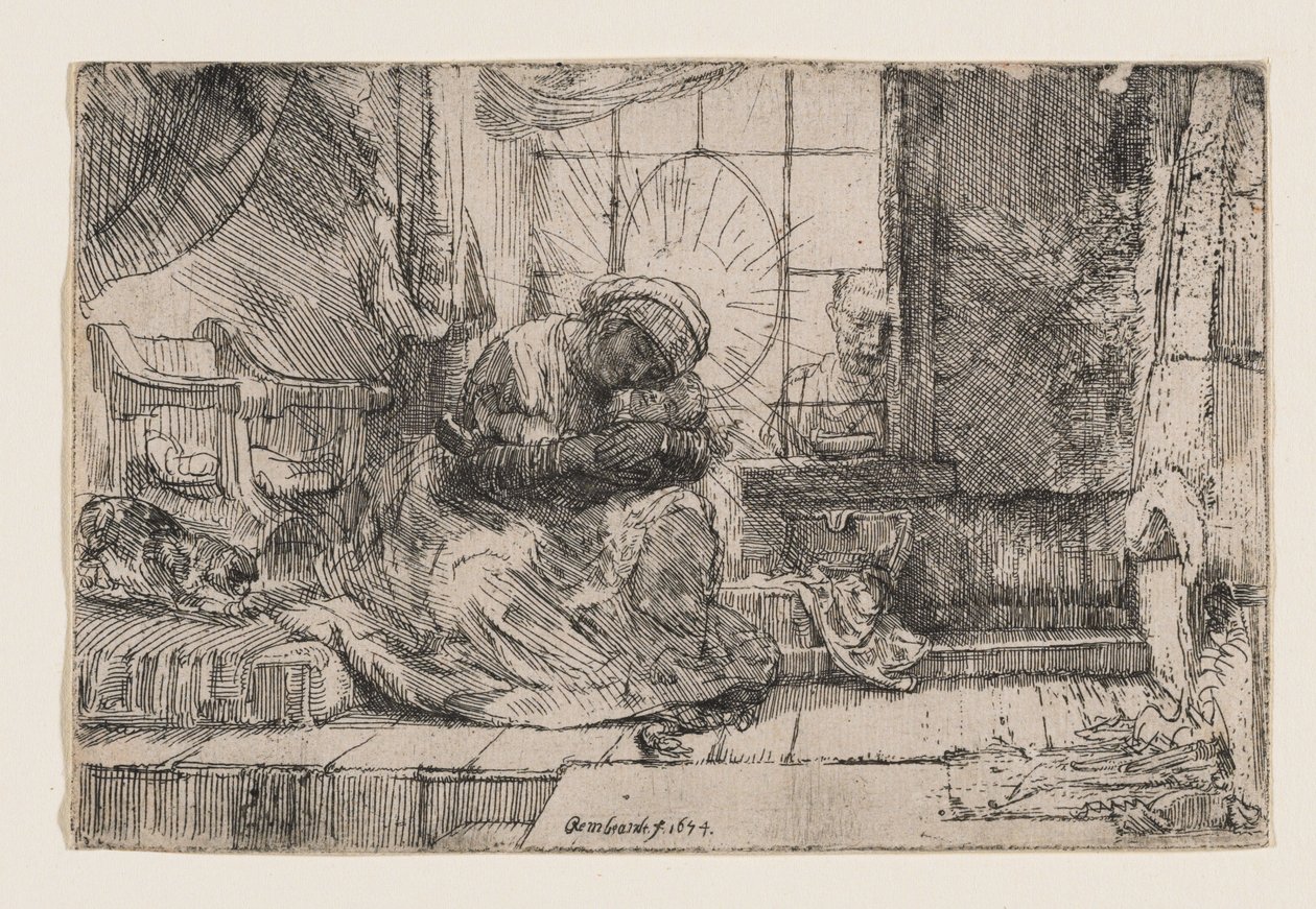 A Szűz és a Gyermek macskával és kígyóval alkotó: Rembrandt van Rijn