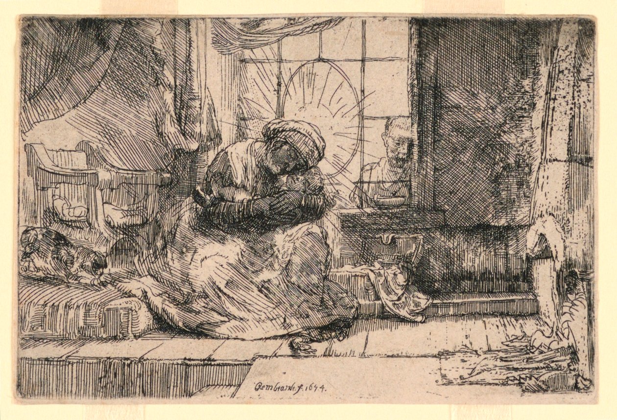 Szűz és gyermek a macskával és Józseffel az ablakban alkotó: Rembrandt van Rijn