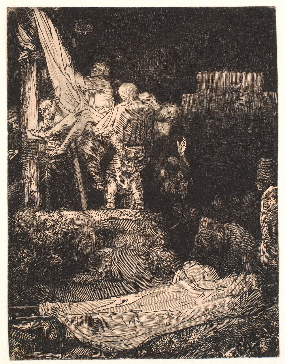 Leszállás a keresztről: fáklyafénynél alkotó: Rembrandt van Rijn