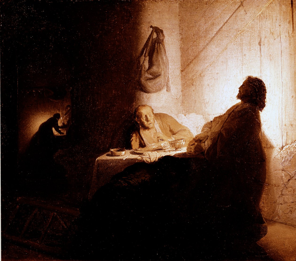Az emmausi fogadó asztalánál ülő zarándokok előtt Krisztus emmausi vacsorája jelenik meg. Harmensz van Rijn dit Rembrandt festménye (1606-1669) 1628-1629 V. 21,5x16,5 cm Párizs, Jacquemart Andre múzeum alkotó: Rembrandt van Rijn
