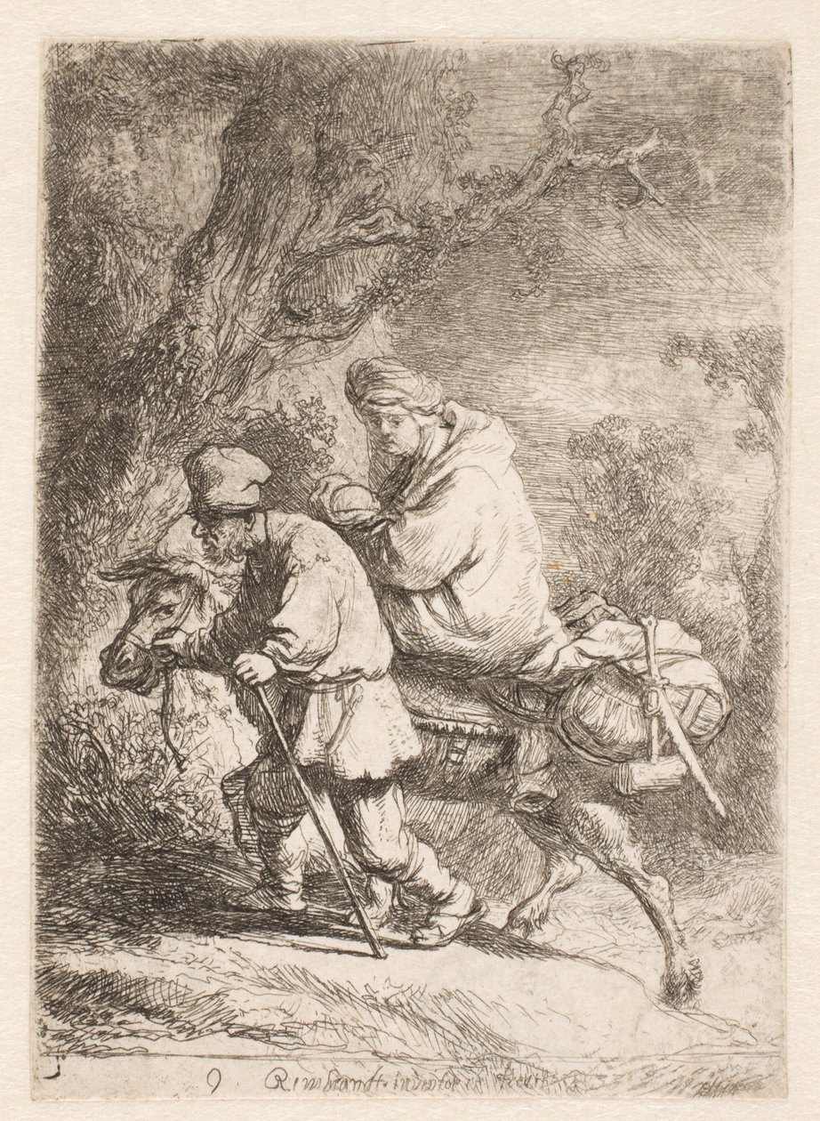 A menekülés Egyiptomba: kis tál alkotó: Rembrandt van Rijn
